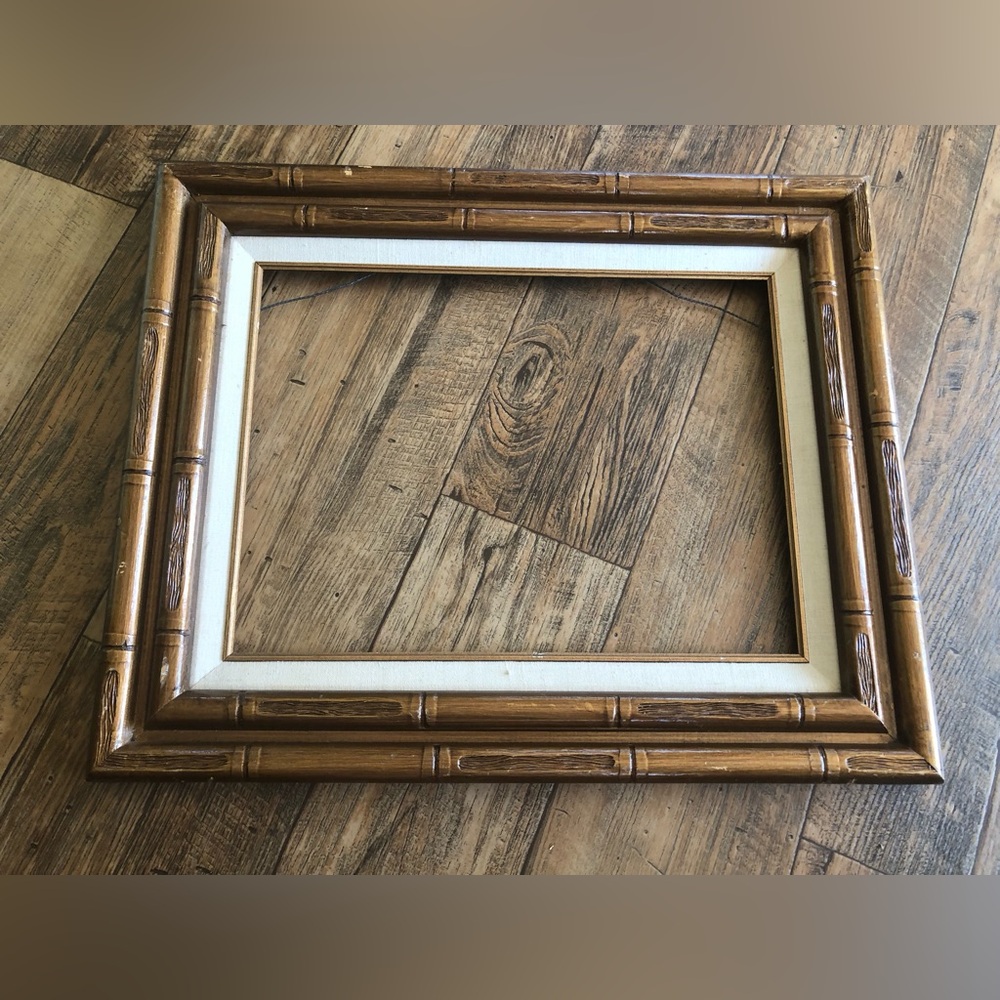 Vintage Bamboo Style Frame Holds a 12x16”  Art Or Photo, Linen Cream Lining MCM